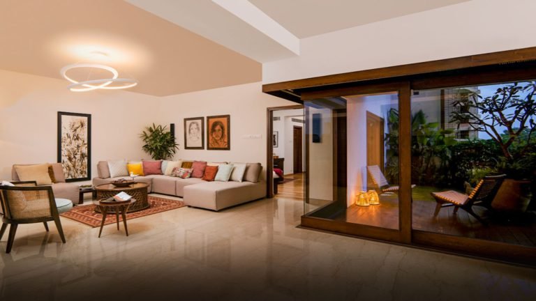 Total Environment - Learning to Fly - Learning to Fly-Apartment in Bangalore - Living room opening into wooden deck