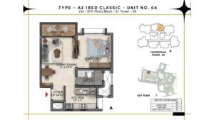 Prestige Southern Star Apartment in Akshayanagr, Bannerghatta Road Bangalore Floor Type - A2 1 BED Classic - Unit No. 08 (1st- 27th Floor) Block - 01 Tower - 09