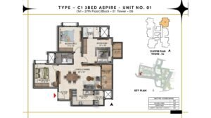 Prestige Southern Star Apartment in Akshayanagr, Bannerghatta Road Bangalore Floor Type - C1 3 BED Aspire - Unit No. 01 (1st- 27th Floor) Block - 01 Tower - 06