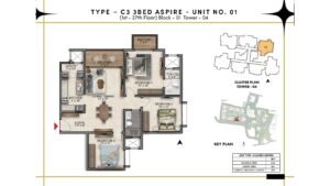 Prestige Southern Star Apartment in Akshayanagr, Bannerghatta Road Bangalore Floor Type - C3 3 BED Aspire - Unit No. 01 (1st - 27th Floor ) Block - 01 Tower - 04