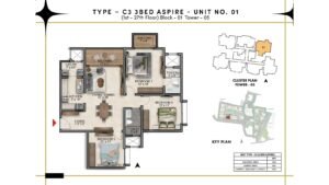 Prestige Southern Star Apartment in Akshayanagr, Bannerghatta Road Bangalore Floor Type - C3 3 BED Aspire - Unit No. 01 (1st - 27th Floor ) Block - 01 Tower - 05