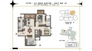 Prestige Southern Star Apartment in Akshayanagr, Bannerghatta Road Bangalore Floor Type - C3 3 BED Aspire - Unit No. 01 (1st - 27th Floor ) Block - 01 Tower - 09
