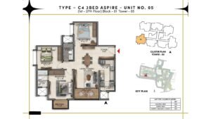 Prestige Southern Star Apartment in Akshayanagr, Bannerghatta Road Bangalore Floor Type - C4 3 BED Aspire - Unit No. 05 (1st- 27th Floor) Block - 01 Tower - 05