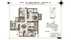 Prestige Southern Star Apartment in Akshayanagr, Bannerghatta Road Bangalore Floor Type - C5 3 BED Aspire - Unit No. 01 (1st- 27th Floor) Block - 01 Tower - 08