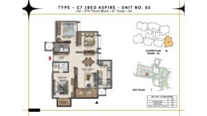 Prestige Southern Star Apartment in Akshayanagr, Bannerghatta Road Bangalore Floor Type - C7 3 BED Aspire - Unit No. 02 (1st- 27th Floor) Block - 01 Tower - 04
