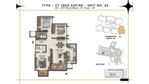 Prestige Southern Star Apartment in Akshayanagr, Bannerghatta Road Bangalore Floor Type - C7 3 BED Aspire - Unit No. 02 (1st- 27th Floor) Block - 01 Tower - 05