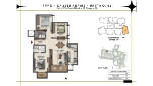 Prestige Southern Star Apartment in Akshayanagr, Bannerghatta Road Bangalore Floor Type - C7 3 BED Aspire - Unit No. 02 (1st- 27th Floor) Block - 01 Tower - 09