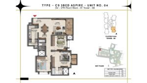 Prestige Southern Star Apartment in Akshayanagr, Bannerghatta Road Bangalore Floor Type - C9 3 BED Aspire - Unit No. 04 (1st- 27th Floor) Block - 01 Tower - 08