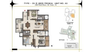 Prestige Southern Star Apartment in Akshayanagr, Bannerghatta Road Bangalore Floor Type - D1 - 3 BED Premia - Unit No. 02 (18th Floor) Block - 02 Tower - 14