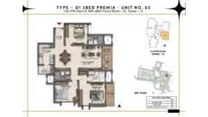 Prestige Southern Star Apartment in Akshayanagr, Bannerghatta Road Bangalore Floor Type - D1 - 3 BED Premia - Unit No. 02 (1st - 17th Floor & 19th - 26th Floor) Block - 02 Tower - 13