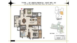 Prestige Southern Star Apartment in Akshayanagr, Bannerghatta Road Bangalore Floor Type - D1 - 3 BED Premia - Unit No. 02 (1st - 17th Floor & 19th - 26th Floor) Block - 02 Tower - 14