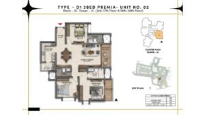 Prestige Southern Star Apartment in Akshayanagr, Bannerghatta Road Bangalore Floor Type - D1 - 3 BED Premia - Unit No. 02 (3rd - 17th Floor & 19th - 26th Floor) Block - 02 Tower - 1