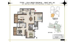 Prestige Southern Star Apartment in Akshayanagr, Bannerghatta Road Bangalore Floor Type - D10 - 3 BED Premia - Unit No. 03 (1st- 18th Floor & 20th- 27th floor) Block - 01 Tower - 03