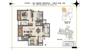 Prestige Southern Star Apartment in Akshayanagr, Bannerghatta Road Bangalore Floor Type - D2 - 3 BED Premia - Unit No. 05 (1st - 27th Floor) Block - 01 Tower - 07
