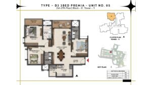 Prestige Southern Star Apartment in Akshayanagr, Bannerghatta Road Bangalore Floor Type - D3- 3 BED Premia - Unit No. 05 (1st -27th Floor) Block - 01 Tower - 11
