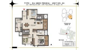 Prestige Southern Star Apartment in Akshayanagr, Bannerghatta Road Bangalore Floor Type - D4 - 3 BED Premia - Unit No. 02 (1st- 18th Floor & 20th - 27th Floor) Block - 01 Tower - 03