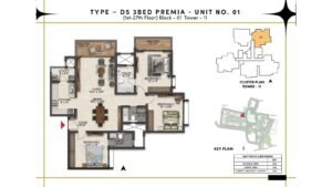 Prestige Southern Star Apartment in Akshayanagr, Bannerghatta Road Bangalore Floor Type - D5 - 3 BED Premia - Unit No. 01 (1st -27th Floor) Block - 01 Tower - 11