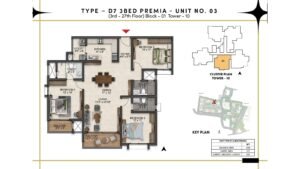 Prestige Southern Star Apartment in Akshayanagr, Bannerghatta Road Bangalore Floor Type - D7 - 3 BED Premia - Unit No. 03 (3rd -27th Floor) Block - 01 Tower - 10