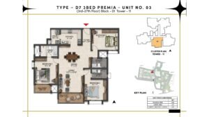 Prestige Southern Star Apartment in Akshayanagr, Bannerghatta Road Bangalore Floor Type - D7 - 3 BED Premia - Unit No. 03 (3rd -27th Floor) Block - 01 Tower - 11