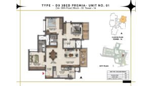 Prestige Southern Star Apartment in Akshayanagr, Bannerghatta Road Bangalore Floor Type - D9 - 3 BED Premia - Unit No. 01 (1st -26th Floor) Block - 02 Tower - 14