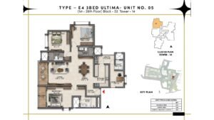Prestige Southern Star Apartment in Akshayanagr, Bannerghatta Road Bangalore Floor Type - E4 3 BED Ultima - Unit No. 05 (1st- 26th Floor) Block - 02 Tower - 14