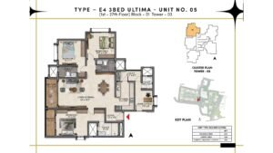 Prestige Southern Star Apartment in Akshayanagr, Bannerghatta Road Bangalore Floor Type - E4 3 BED Ultima - Unit No. 05 (1st- 27th Floor) Block - 01 Tower - 3