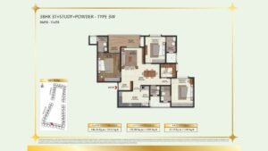 Brigade Eternia Apartment in Yelahanka, Bangalore Floor Plan 3BHK 3T + Study+ Powder - Type 3W