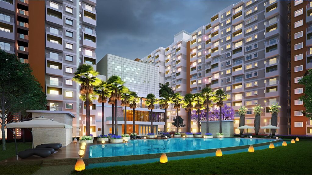 Sattva Park Cubix 5 Sattva Park Cubix Apartment in North Bangalore Swimming Pool Night View