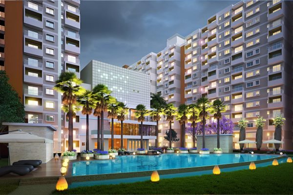 Sattva Park Cubix Apartment in North Bangalore Swimming Pool Night View